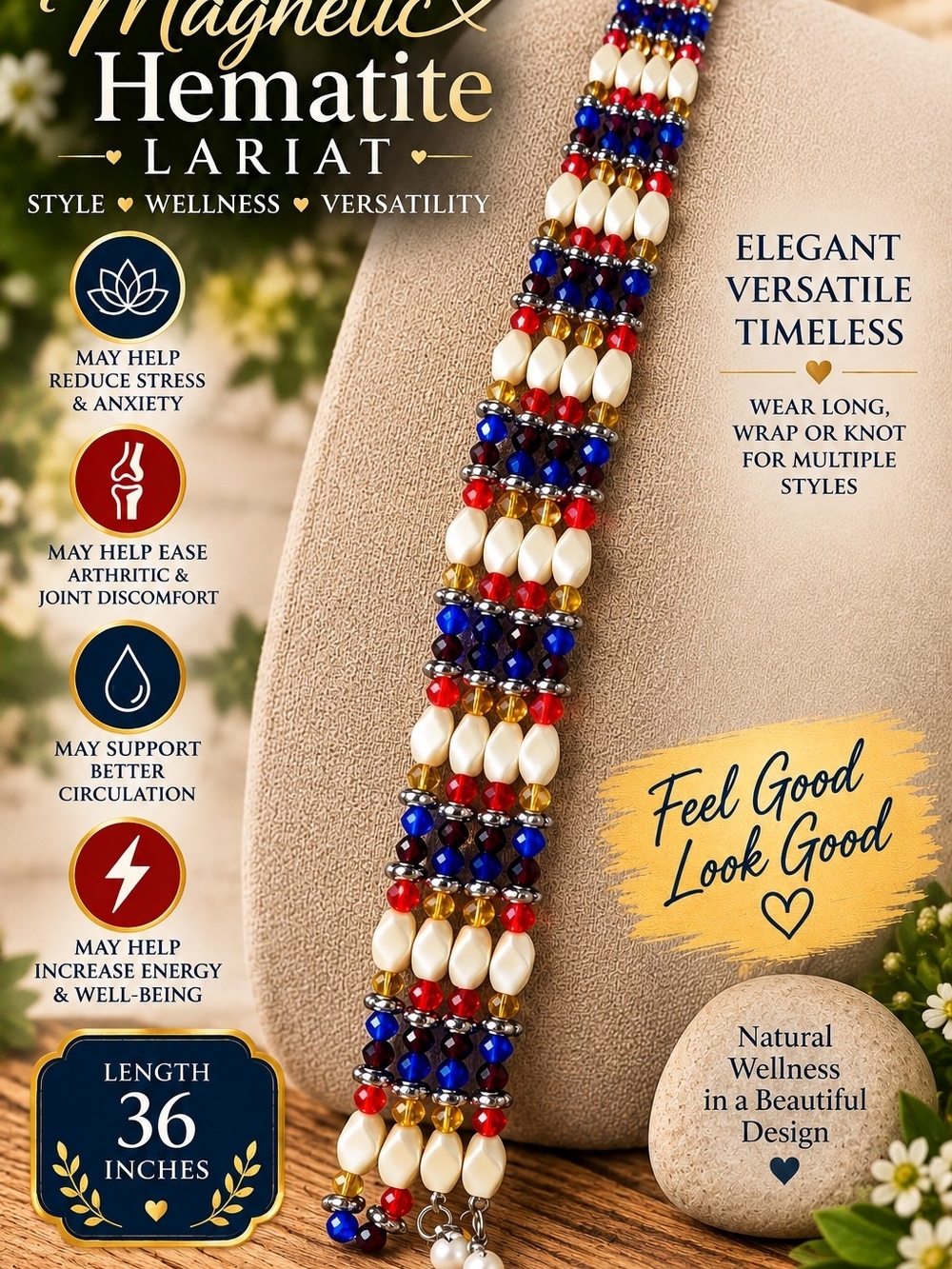 Magnetic Hematite Lariat Necklace — Pearl, Red, Blue & Gold